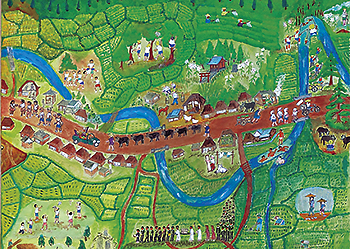 山内ふるさと絵屛風　山中（部分） 　中央を走る東海道を中心に、虫取りや川遊びなど懐かしい情景。牛の仲買人がぞろぞろと牛を引くさまは、当時の街道の様子を彷彿とさせる。