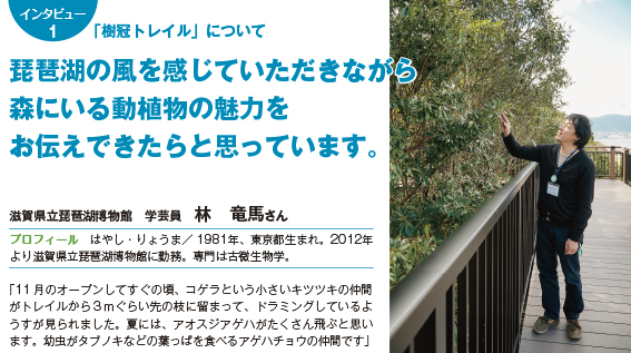 131intatop1 インタビュー1 「樹冠トレイル」について琵琶湖の風を感じていただきながら森にいる動植物の魅力をお伝えできたらと思っています。 滋賀県立琵琶湖博物館 学芸員 林 竜馬さん