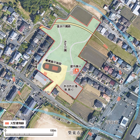 152iseisekichusinbu 伊勢遺跡史跡公園と伊勢遺跡中心部(空中写真は Google マップより)